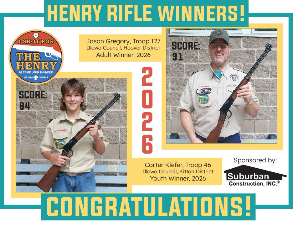 Carter Kiefer of Troop 46 and Jason Gregory of Troop 127, the 2026 I Shot for the Henry winners, holding their Henry rifles